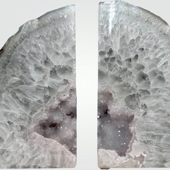 Agate Bookends, Druzy Purple Geode Center, Violet, White Layers, Gray Tones (DC) - Picture 2 of 10